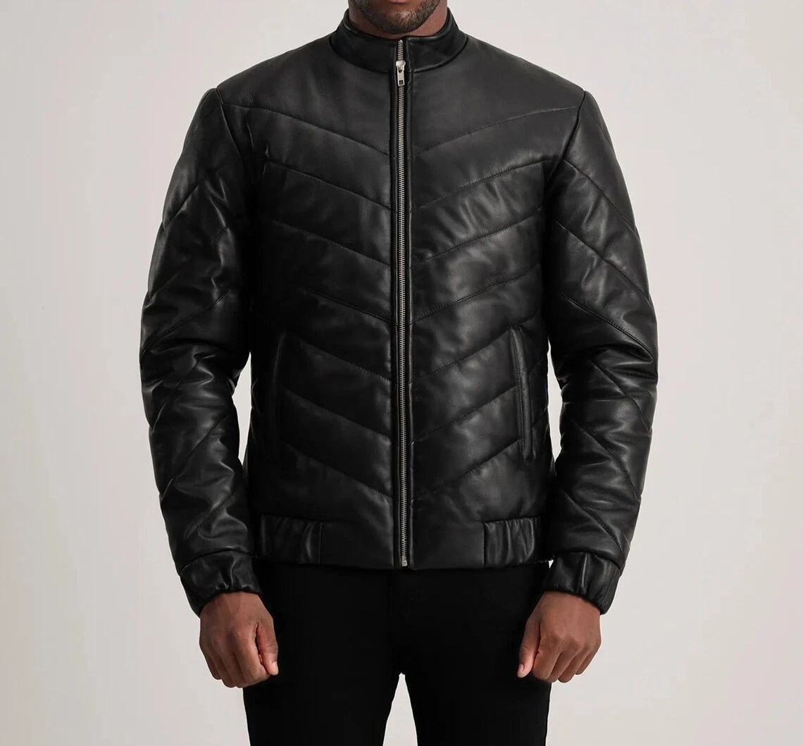 Men’s Handmade Lambskin Leather Puffer Bomber Jacket – Quilted Minimalist Design