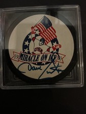 DAVE CHRISTIAN 1980 OLYMPIC HOCKEY MIRACLE ON ICE AUTOGRAPHED PUCK “GRANDSTAND”