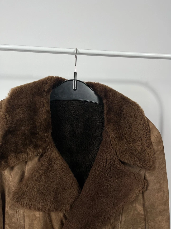 Vintage Brown Shearling Suede Coat Genuine Leather Double Breasted Fur Lined - Image 3 of 4