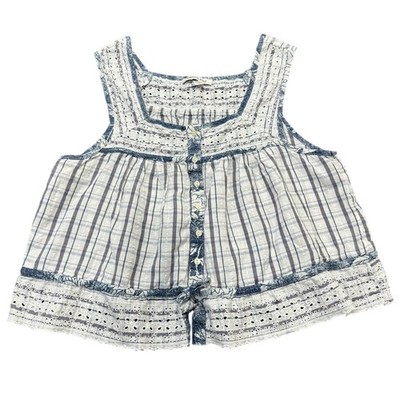 American Eagle Blue White Plaid Eyelet Lace Babydoll Sleeveless Top Kids Medium
