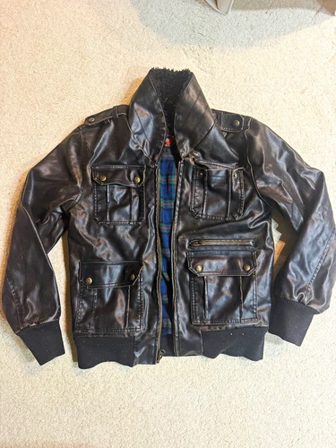 GUESS G by GUESS Men's Black Leather Bomber Jacket Plaid Lined Zip Size S video thumbnail