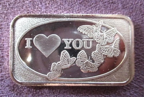 I Love You w/Butterflies  1 Troy Oz. .999 Fine Silver Art Bar Continental Coin