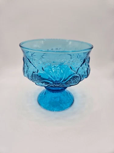 Vtg Anchor Hocking Peacock Blue Footed Glass Dessert Cups Dishes Rainflower MCM