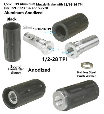 1/2x28 TPI Silver Color Muzzle Brake With Black 13/16-16 Sound Forwarder For 223