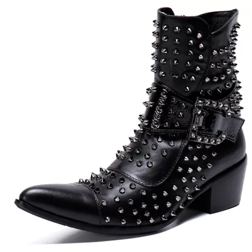 Herren Leder Stiefeletten Motorrad Stiefel Mit Nieten Westernstiefel Punk Biker - Bild 2 von 12