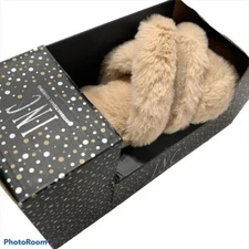 INC International Concepts Fuzzy Plush Crossband Slippers Cozy Tan Beige NIB