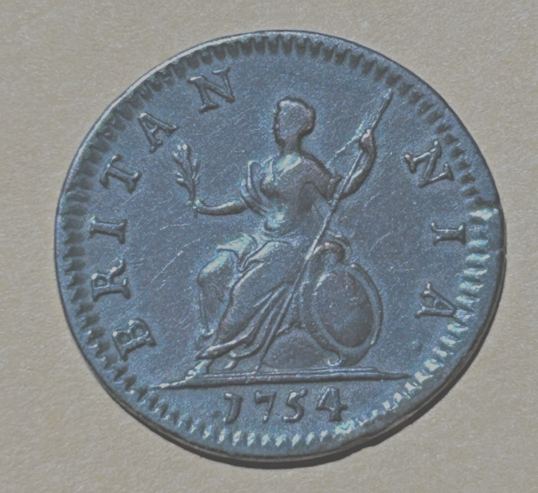 1754 King George II US Colonial Copper Farthing Great Detail