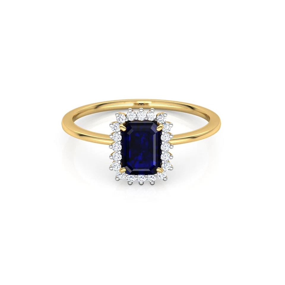 14K Synthetic Sapphire Emerald with Round Lab Grown Diamond Halo Engagement Ring - Image 3 of 4