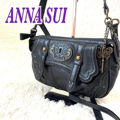 ANNA SUI 2Way Shoulder Bag Black Leather Butterfly Key Charm Gothic Handbag