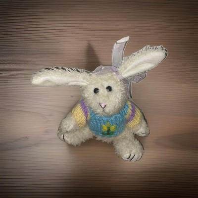 Goffa White Cream Bunny Rabbit Small Stuffed Plush Flower Sweater Bow 6 In.