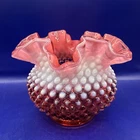 VTG. FENTON CRANBERRY OPALESCENT HOBNAIL RUFFLED VASE CRIMP EDGES 5”x 6" Glows!!