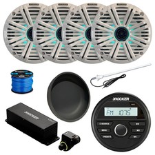 Kicker KMC2 Marine BT AM/FM Radio, 4x 6.5" LED Speaker,White Salt Grille, Extras
