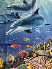 DOLPHIN TROPICAL FISH 5 BLOCK COTTON FABRIC PANEL