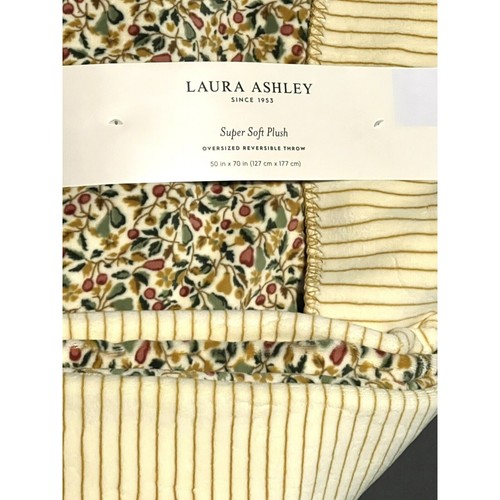 Laura Ashley Fleece Plush Throw Blanket Reversible Devrons Grove 50X70” Ochre - Picture 7 of 13