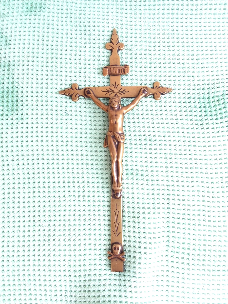 Crucifix Ancien En Laiton Du 19ème Siècle - 16,0 Cm - Jésus Christ Croix Murale Décorative