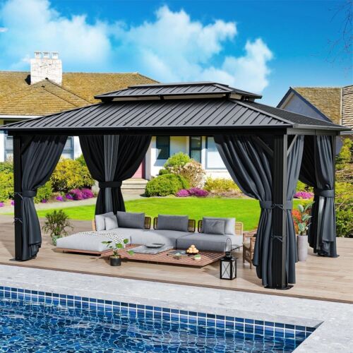10' x 12' Outdoor Hardtop Gazebo Canopy w/ Aluminum Frame Sidewalls, Brown NEW# - Picture 3 of 22
