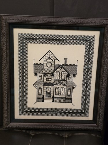 Framed Bead Cross Stitch Completed 17x19: Black & White Victorian House - Picture 20 of 24