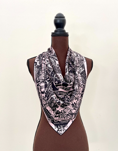 Louis Vuitton Paris Stamps Luggage Trunks Travel Black Pink Silk Scarf - Afbeelding 12 van 16