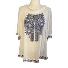 Blue Island White Blue Boho Embroidered Gauzy Tunic Top Mini Dress Size M