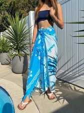 Hawaii Sarong Pareo Turquoise/White Plumeria Luau Cruise Beach Pool Wrap Dress