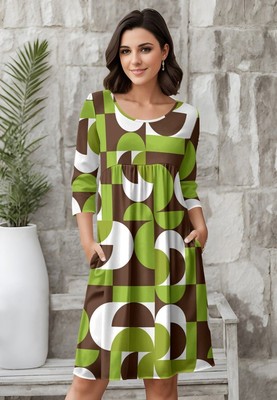 Bon Apple Tea Women's Three Quarter Sleeve Empire Dress with Pockets