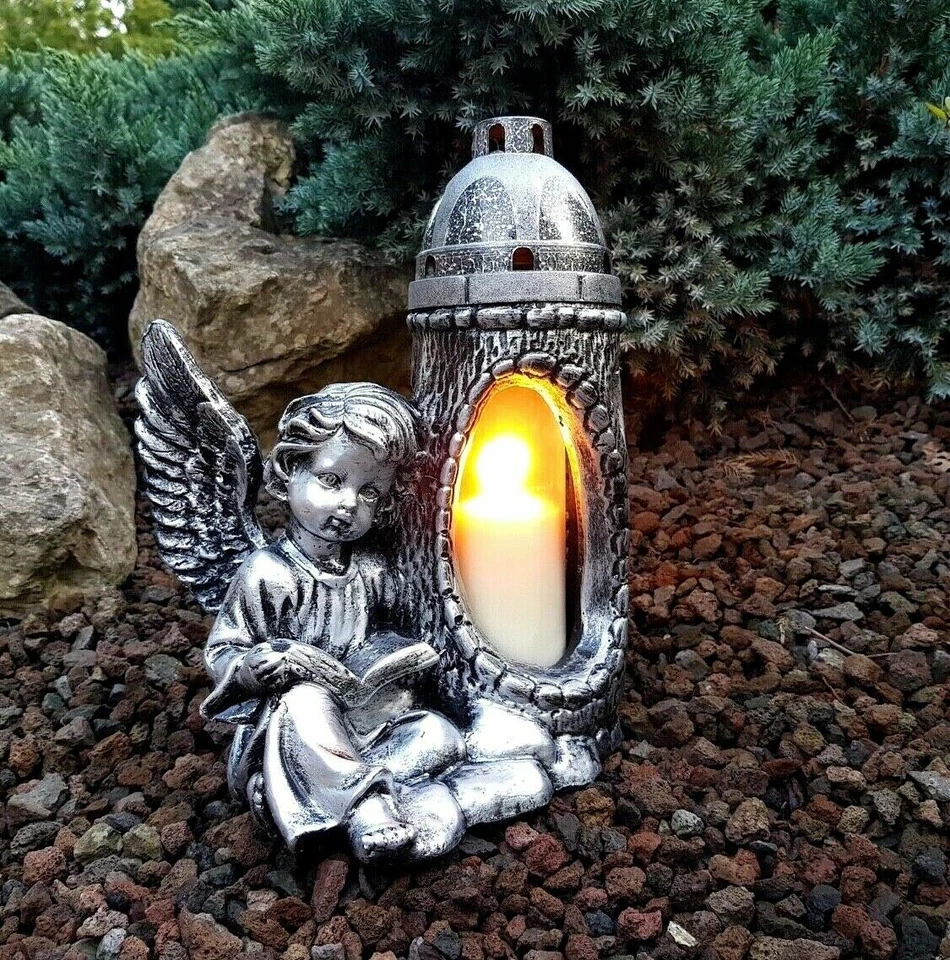  Grablaterne  Grablampe Lampe Grableuchte Grablicht Engel Kerze Gold Silber - Bild 2 von 3