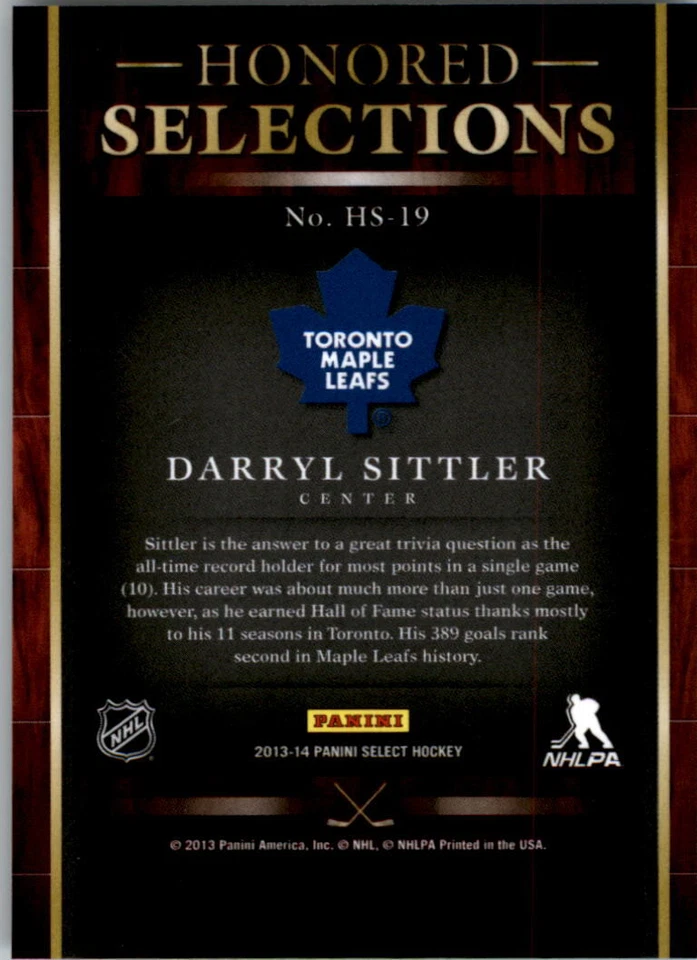 2013-14 Select Honored Selections #HS19 Darryl Sittler Toronto Maple Leafs NM-MT - Image 2 of 2