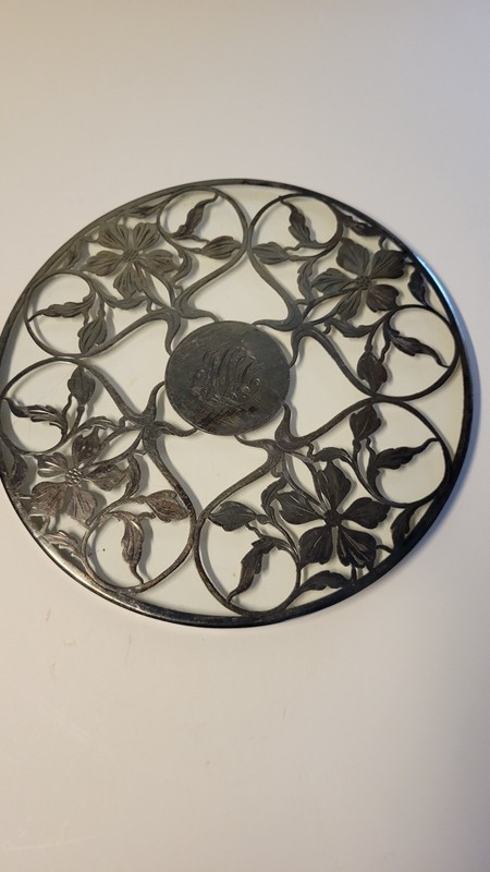 Antique Glass Trivet with Sterling Silver Applied Design