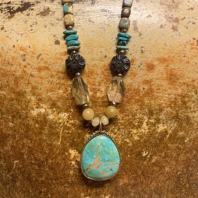 Barse Necklace Multi Neutral/Earth Colors with Turquoise Pendant and Gold Tones