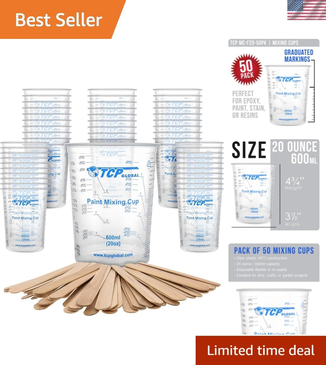 20 oz. 600ml Graduated Plastic Mixing Cups - Box of 50 with 50 Mixing Sticks ...