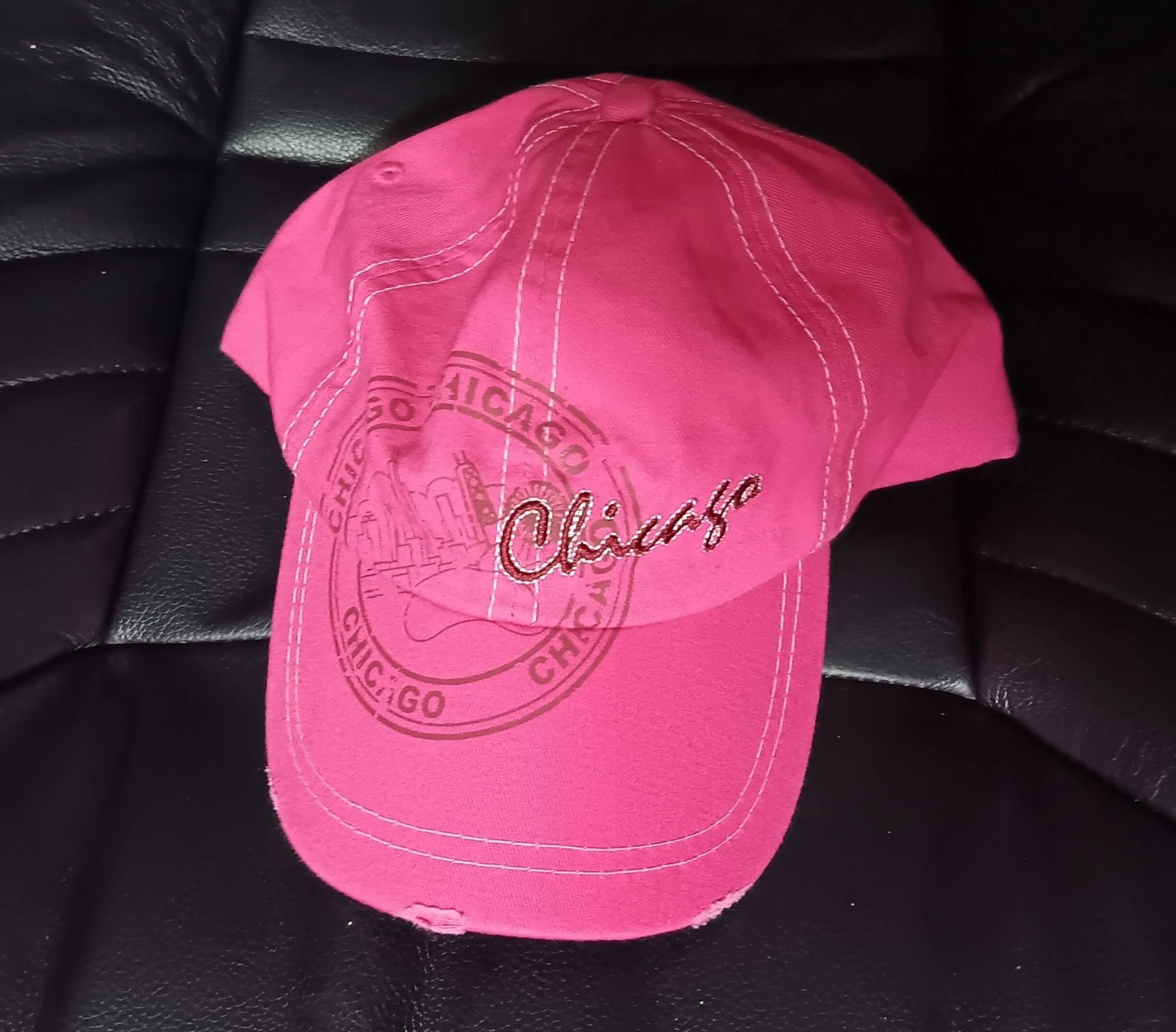 Chicago Strapback Baseball Cap Pink One Size Adjustable Embroidered Distressed