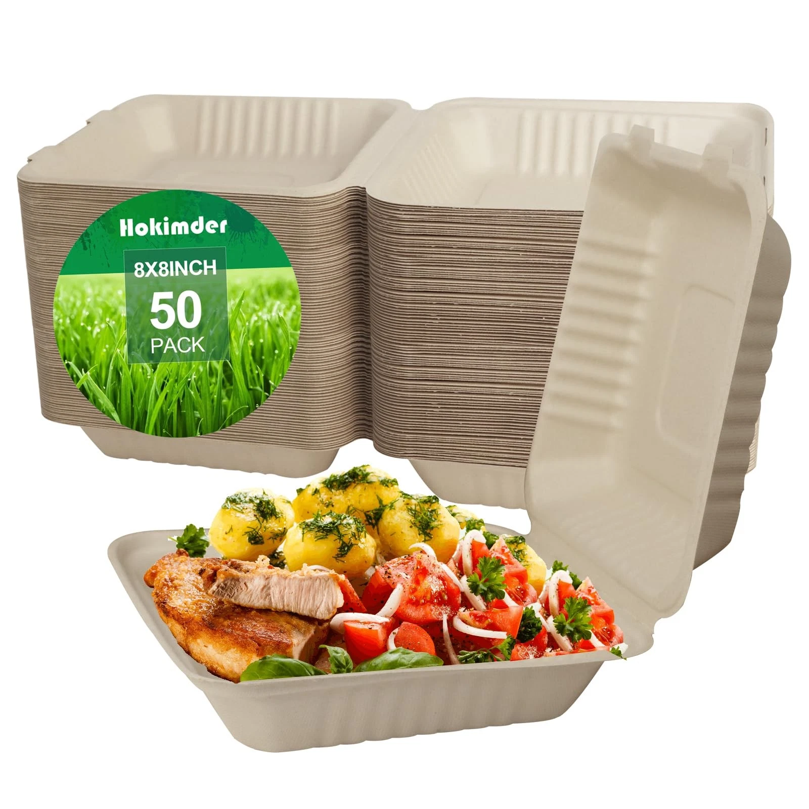 50 Pack Clamshell Take Out Food Containers 8x8 Inch, 100% Compostable To Go C...