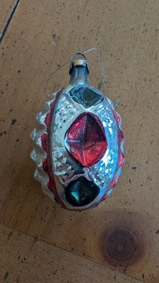 Antique Heidt Christmas Ornament Mercury Glass Red &Green Diamonds Stripes #672