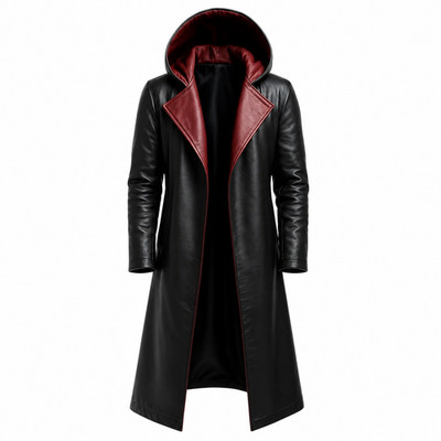 Men's Black Hooded Leather Trench Coat Long Gothic Duster Burgundy Red Lined