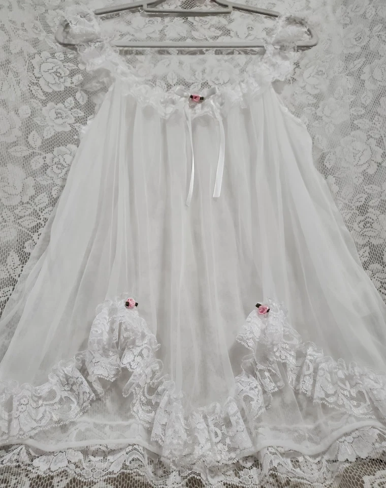 🤍 DE COLECCIÓN BABYDOLL CHiFON DE NAILON TRANSPARENTE EN CAPAS CON LAZOS DE ENCAJE CON VOLANTES FRiLLY ROSETAS Foto 4 de 4