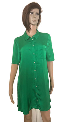 Zara Robe Sleep Pajama Dress Button Viscos Short Green Front Pocket Silky L NWOT