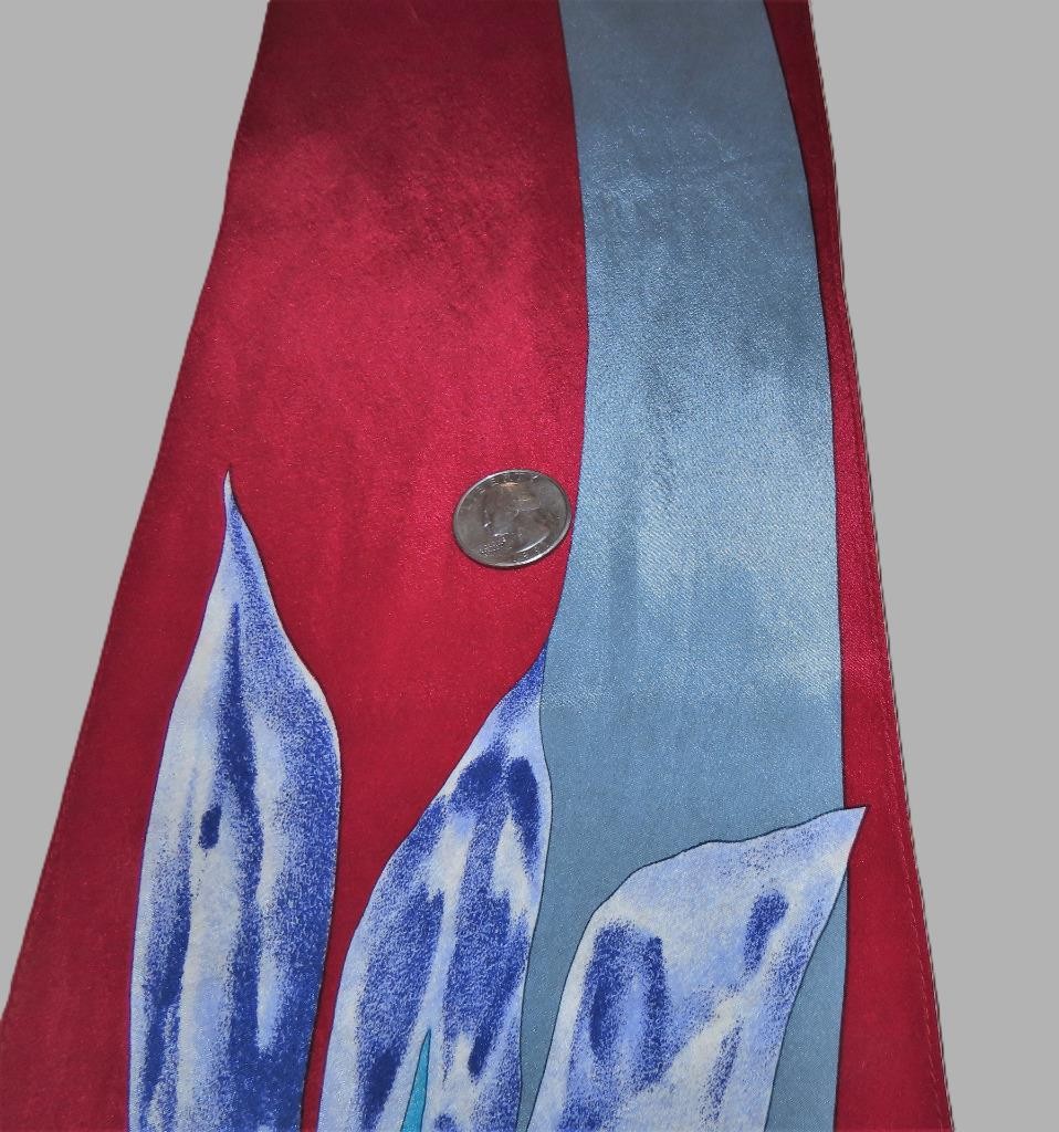 Vera Neumann obong scarf; floral; blue, raspberry, aqua, white; 72 x10; silk?