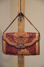 Vintage Leather Bag Western Hand Tooled Leather Purse Saddle Brown  9.5"x5.5"