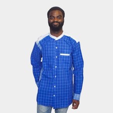Men's Blue And White Mandarin Collar Shirt