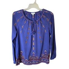 J Jill Womens Blue Embroidered Peasant Blouse...