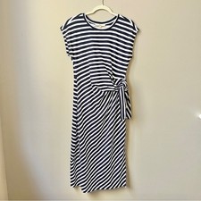 Loft Dress Women's XS Navy Blue White Stripes Preppy Cotton Midi Knit Stretch