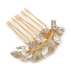 Authentic Small Bridal/ Wedding/ Prom/ Party Gold Plated Clear Crystal Leaf Hair Comb -