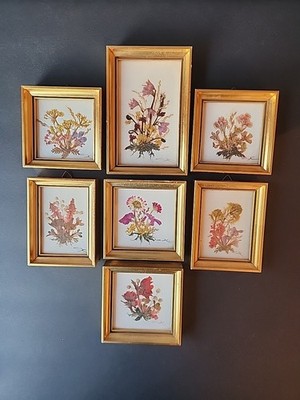 Miniature Goldtone Framed Botanical Dried Pressed Flowers Tirol Austria Set of 7