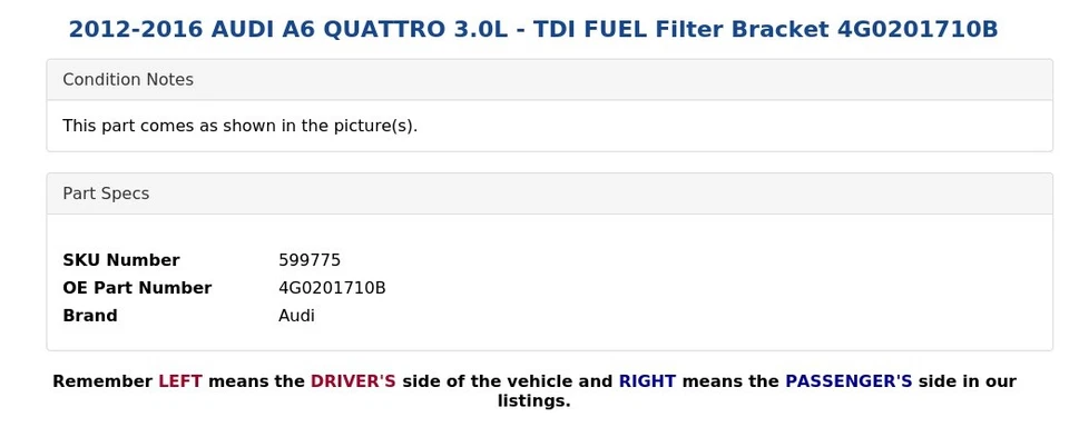 Soporte de filtro de combustible TDI 2012-2016 AUDI A6 QUATTRO 3,0 L 4G0201710B Foto 3 de 4