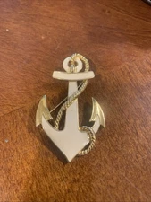 Vintage Crown Trifari Signed White Enamel Gold Tone Anchor Brooch