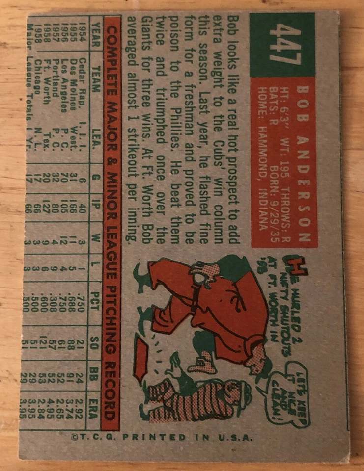 1959 Topps Bob Anderson Baseball Card #447 Cubs Pitcher Low-Grade - Image 2 of 2