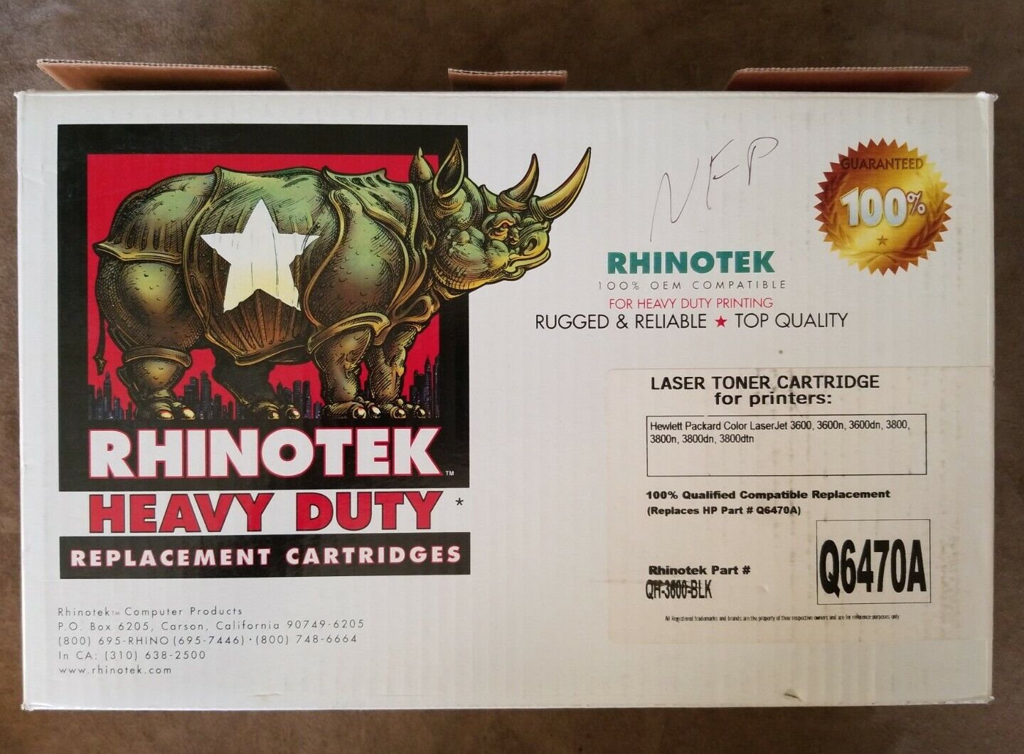 Rhinotek QH-3600-BLK Black Toner for LaserJet 3600 3600DN 3800 HP Q6470A 501A