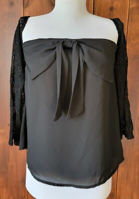 Whimsigoth Witchy Posh Women Sm. Black Sheer Blouse Lace Sleeve Bow Made in USA