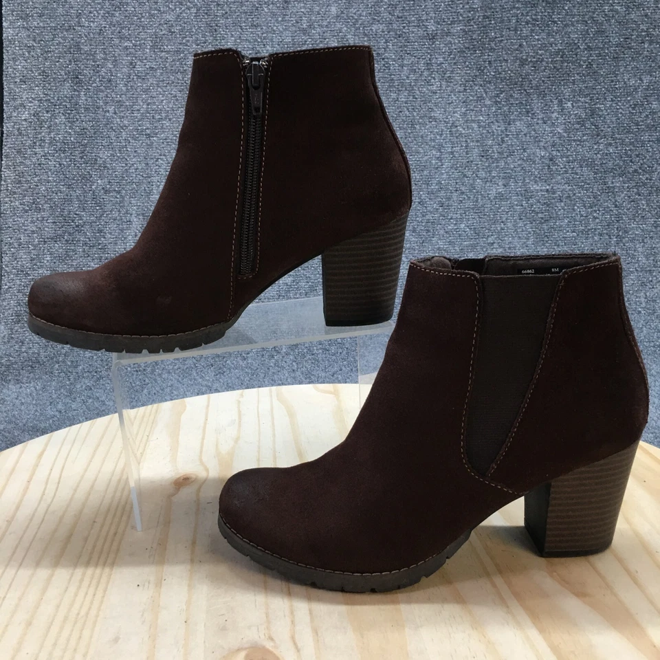 Clarks Boots Womens 8 M Pause Camelia Ankle Booties Brown Leather Heeled Pull On - Image 2 of 4