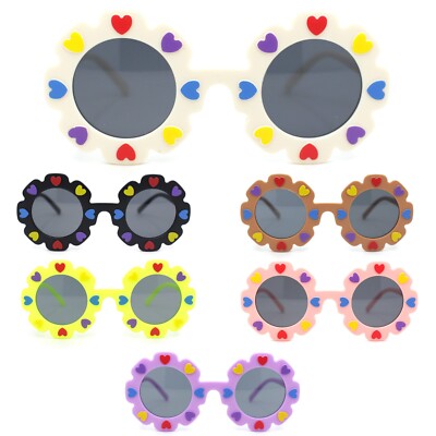 Girls Kids Size Heart Daisy Petal Round Circle Plastic Sunglasses